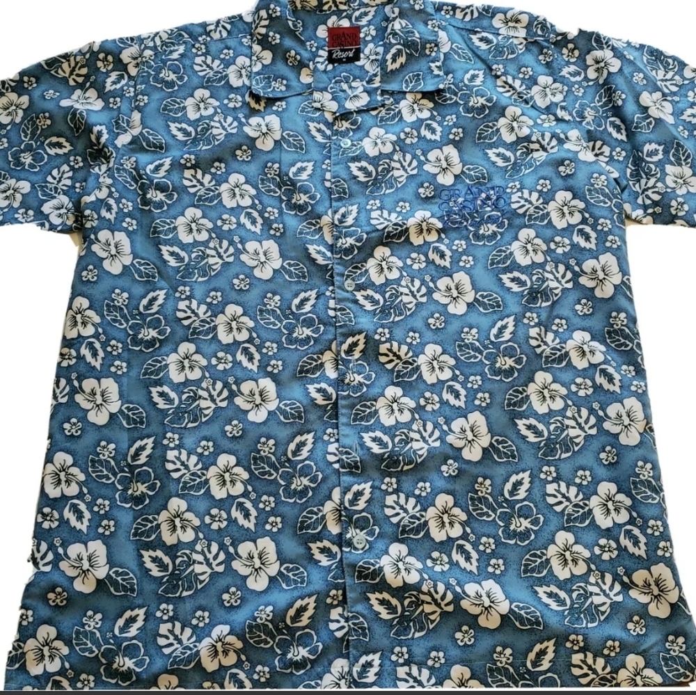 Grand Casino Resort Blue and White Hibiscus Hawaiian Shirt Men's Size Medium